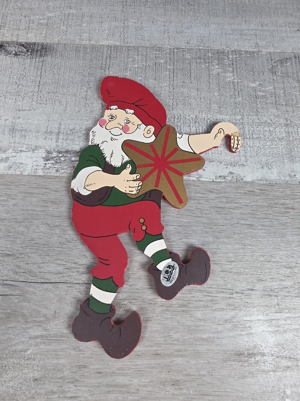 Flat 2-sided Painted Wood Green Red 6.5" Elf Ornament Figurine With Star 215a